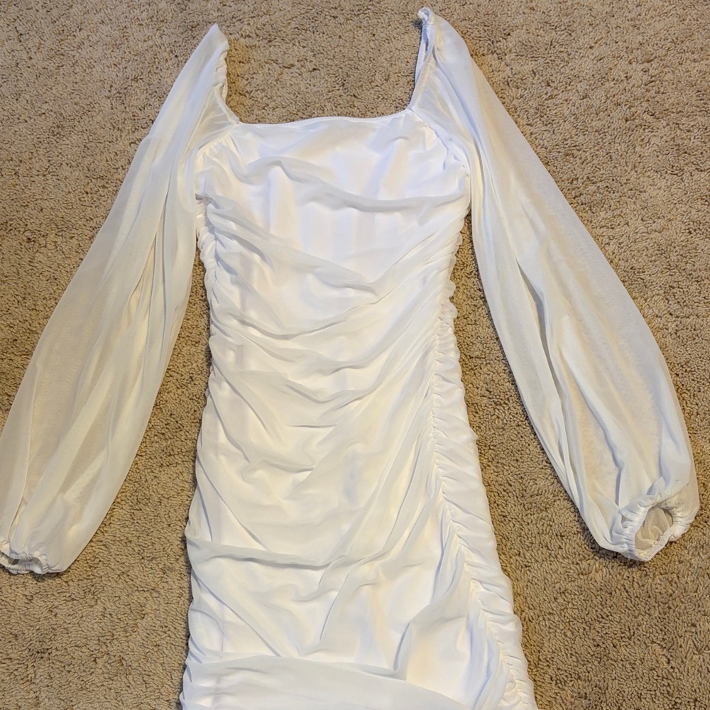 White Long Sleeve Ruched Boydcon Dress